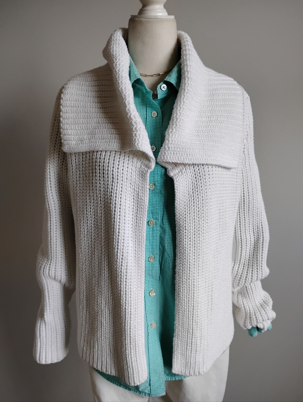 Talbots Cotton Chunky Knit Shawl Collar Cardigan Sweater White Coastal Size Med